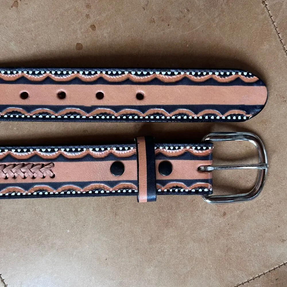 Hand Tooled Eagle Leather Belt Mens 36 Western Woven Cowboy Removable Buckle